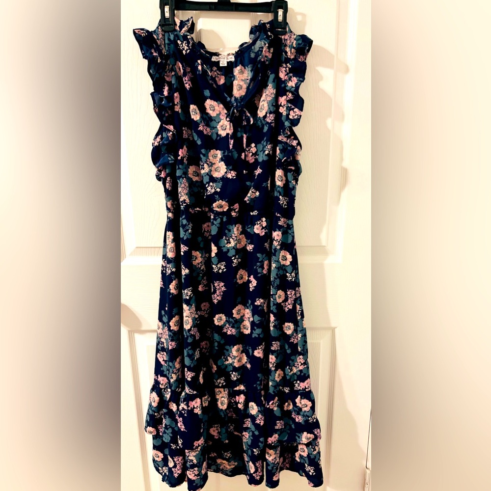 Women’s sleeveless midi dress, size L, frill design, inner lining, tiered design